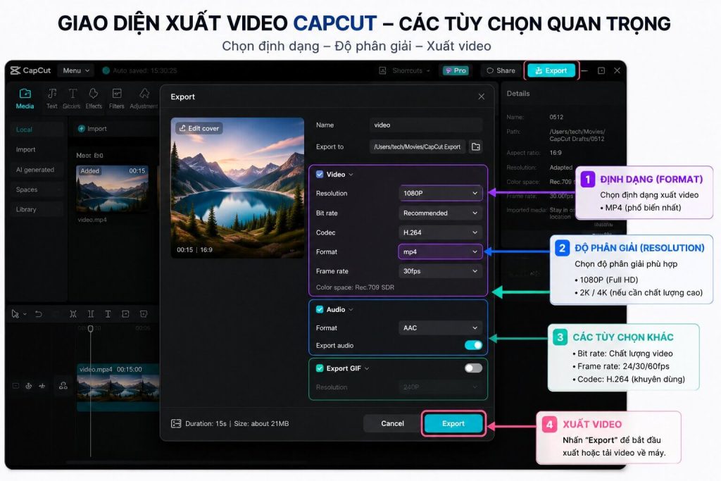 Screenshot giao diện xuất video của CapCut
