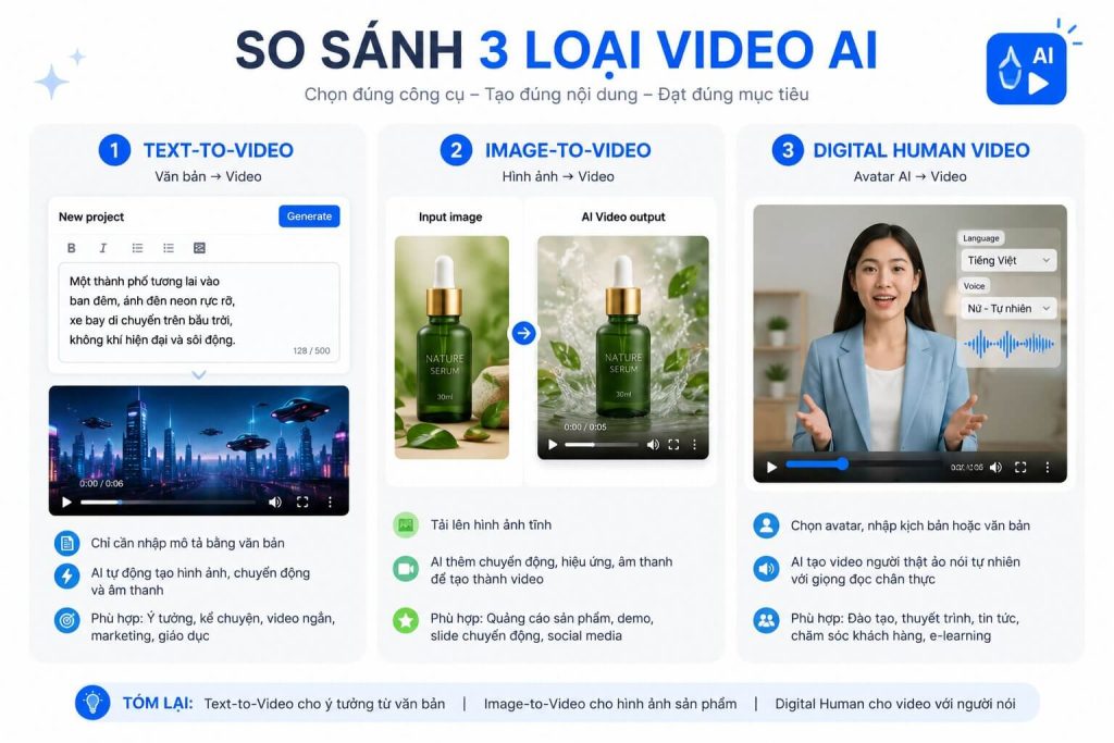 So sánh 3 loại video AI — minh họa side-by-side: màn hình text editor