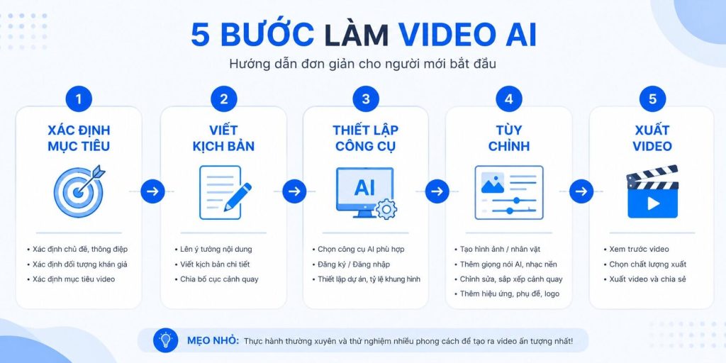 Infographic flowchart ngang 5 bước làm video AI 