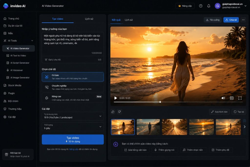 invideo ai tạo video dài từ prompt miễn phí
