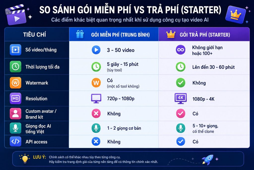 so sánh gói miễn phí và trả phí công cụ tạo video ai 2026