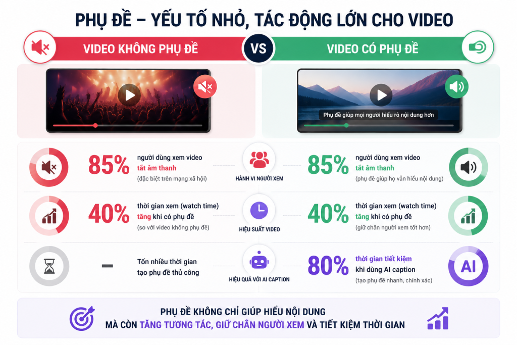Infographic: Video không phụ đề vs có phụ đề — 3 số liệu: 85% xem tắt âm, 40% watch time tăng, 80% thời gian tiết kiệm khi dùng AI caption