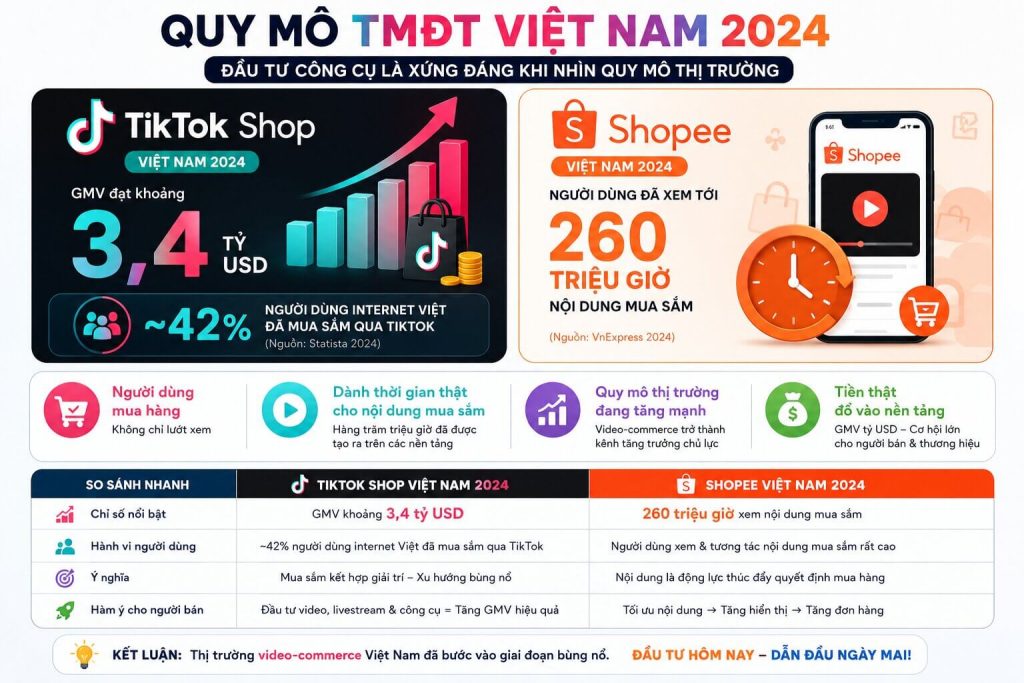 Biểu đồ quy mô TMĐT Việt Nam 2024 — GMV TikTok Shop 3,4 tỷ USD & giờ xem nội dung mua sắm trên Shopee