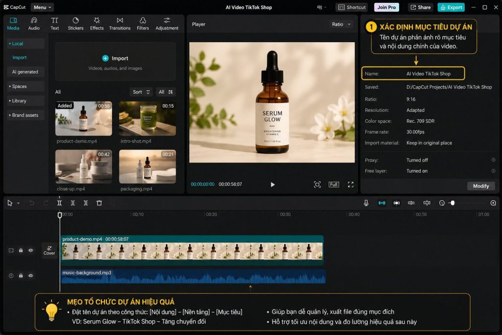 IMG Screenshot giao diện CapCut Desktop sau khi upload video — annotate nơi xác định mục tiêu dự án