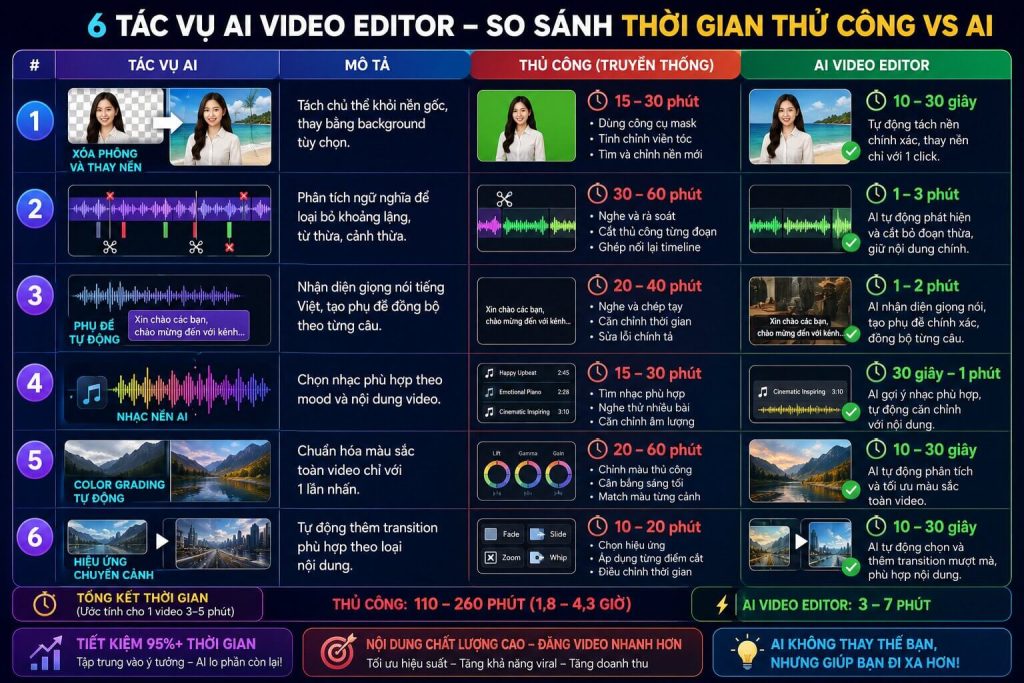 Infographic tổng quan 6 tác vụ AI video editor — so sánh thời gian thủ công vs AI