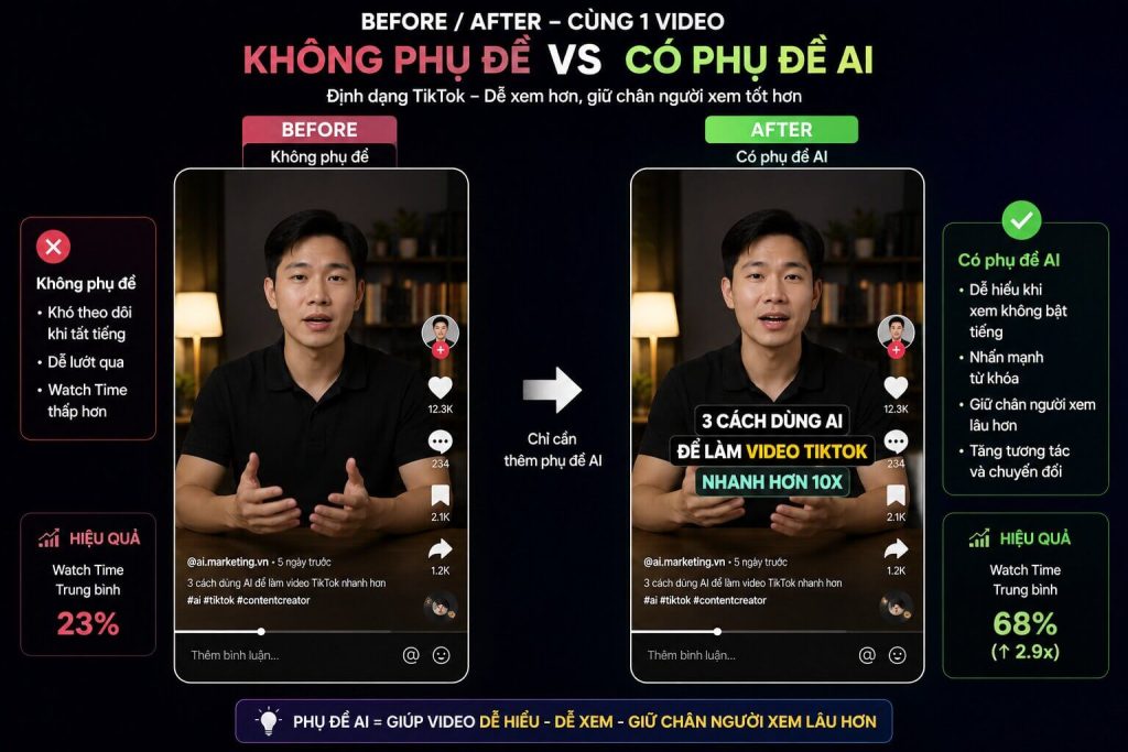 IMG Before/after — cùng 1 video không phụ đề vs có phụ đề AI format TikTok