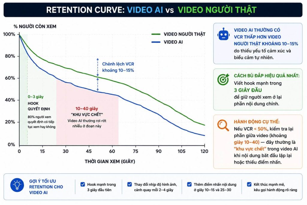 Biểu đồ retention curve điển hình của video AI vs video người thật
