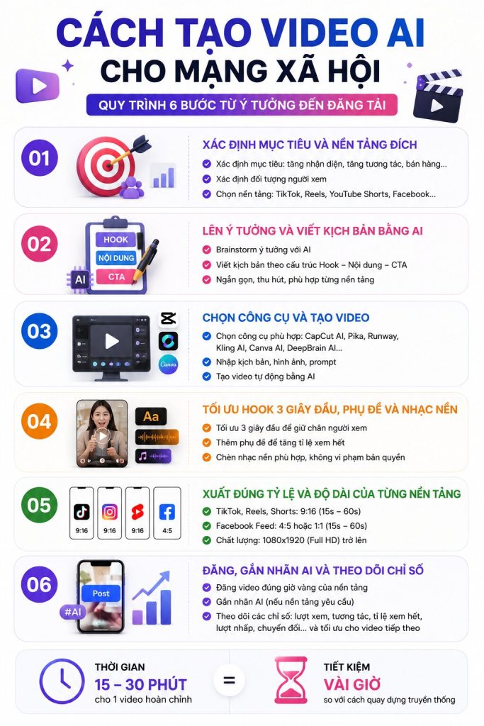 Infographic 6 bước tạo video AI: mục tiêu → kịch bản → tạo video → tối ưu hook → xuất định dạng → đăng & đo