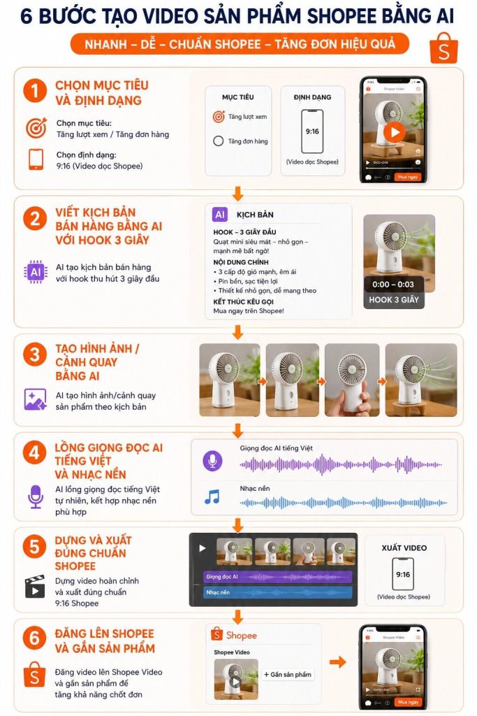 Cách tạo video sản phẩm Shopee bằng AI: quy trình 6 bước

