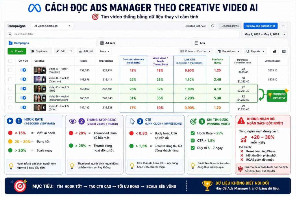 Screen recording: đọc Ads Manager breakdown theo creative — so sánh hook rate, CTR và ROAS giữa 5 biến thể video AI