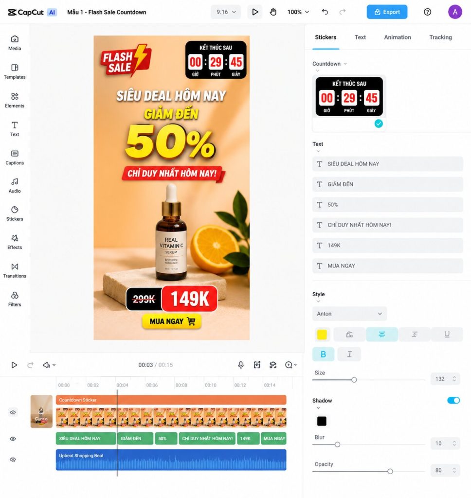 Screenshot ví dụ video output — visual layout Mẫu 1 trong CapCut AI với countdown sticker và text overlay