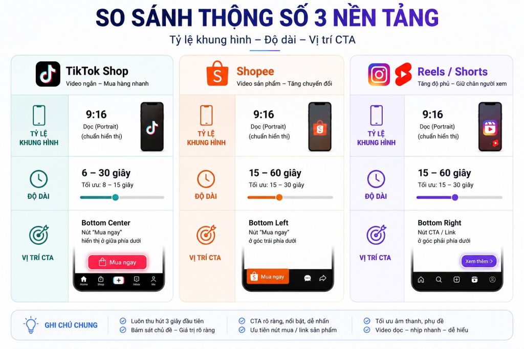So sánh thông số 3 nền tảng — tỷ lệ khung hình, độ dài, vị trí CTA (TikTok Shop, Shopee, Reels/Shorts) 