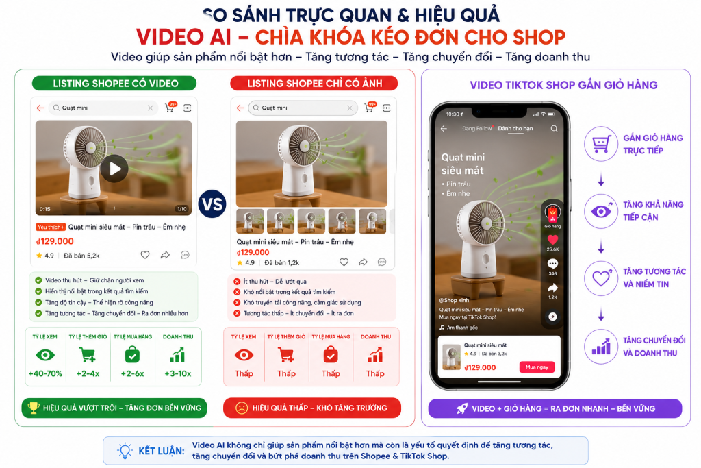 So sánh trực quan listing Shopee có video vs chỉ có ảnh, và video TikTok Shop