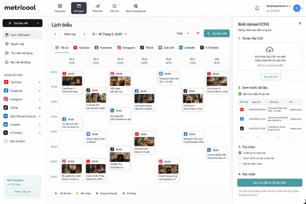 Ai nên dùng Metricool: dashboard Metricool: lịch đăng video AI đa nền tảng và bulk upload bằng CSV]