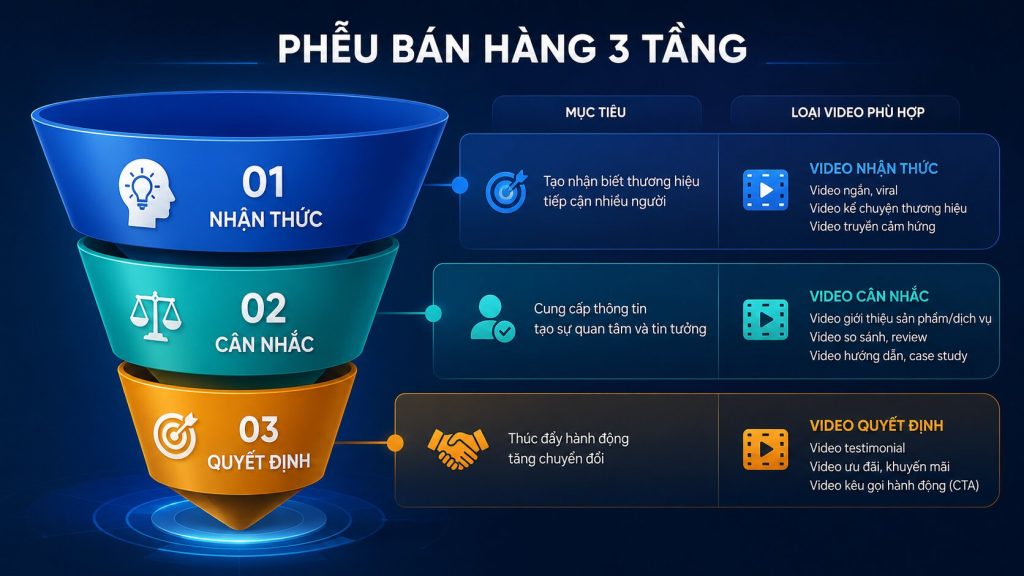 phễu bán hàng 3 tầng Nhận thức - Cân nhắc - Quyết định